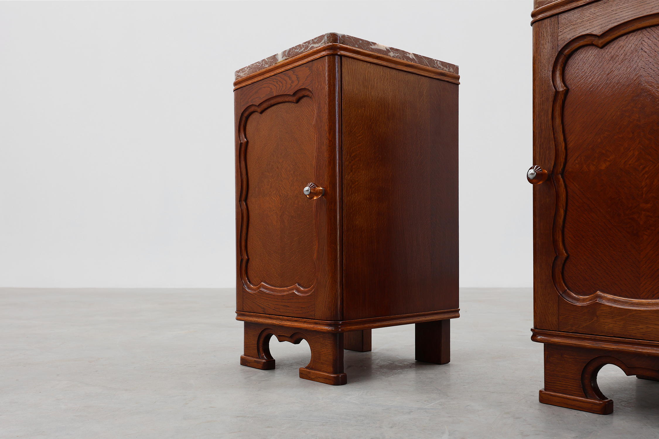 Pair of Art Deco nightstands in oak with marble top, France ca. 1925thumbnail